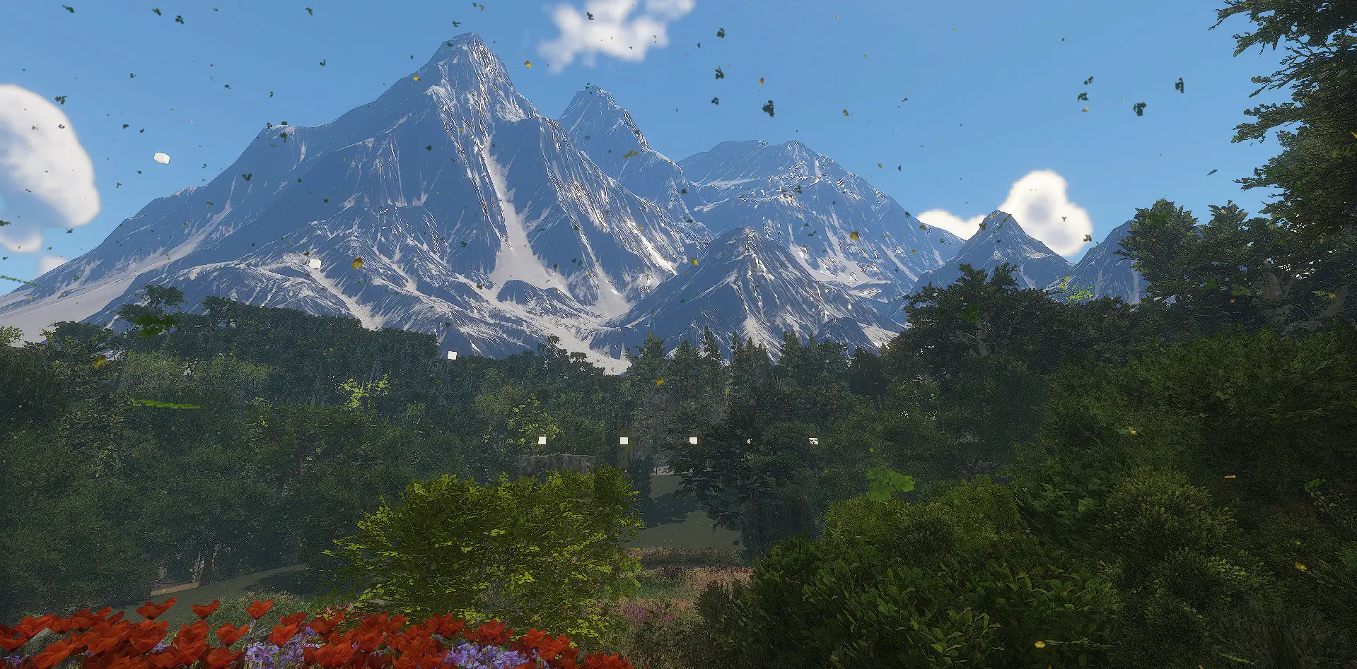Snowbound peaks rising over dense forest in the world of Grimblade